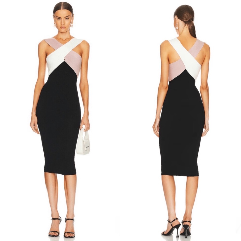 LE SUPERBE Drinks On You Cross-Strap Black, White & Blush Bodycon Dress XS